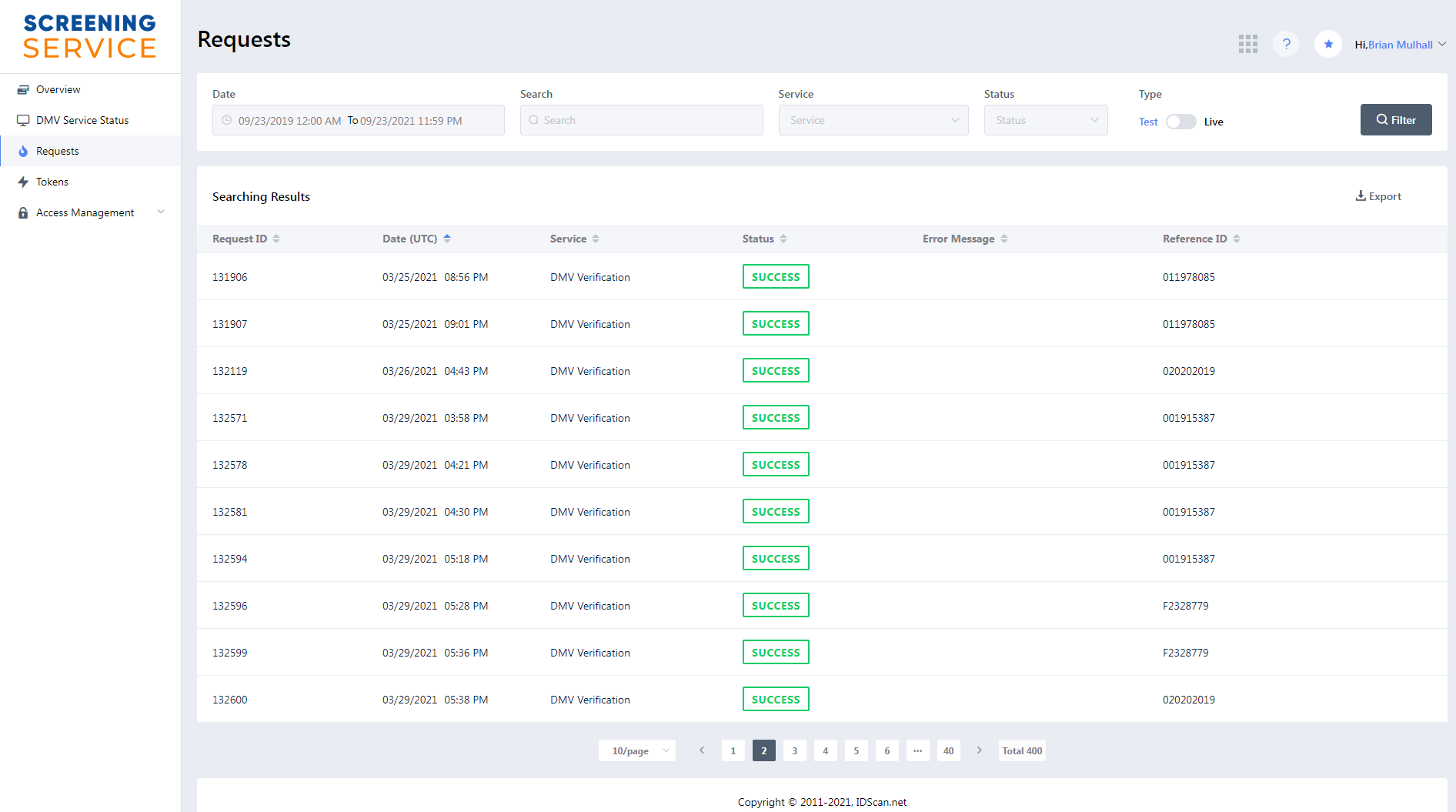 Screening Service Web Portal | IDScan.net